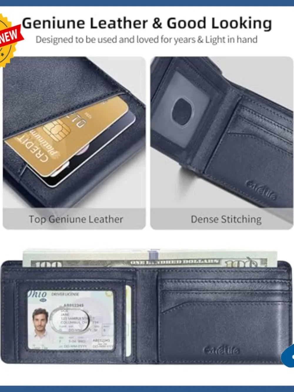 Genuine Leather Bifold Wallet with Apple Find My Tracker, RFID Blocking